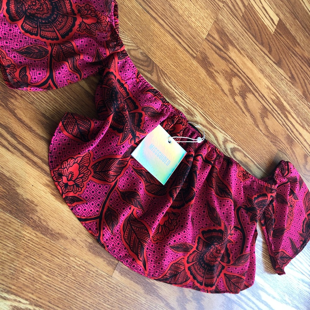 Missguided Pink Floral Bardot Crop Top - Picture 2 of 6